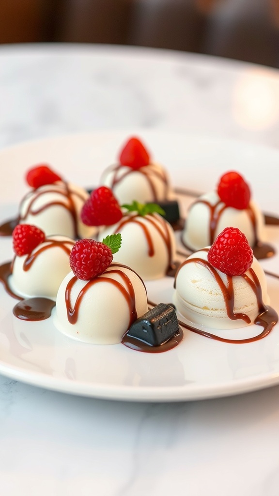 Elegant ice cream quenelles garnished with berries and chocolate sauce on a white plate.